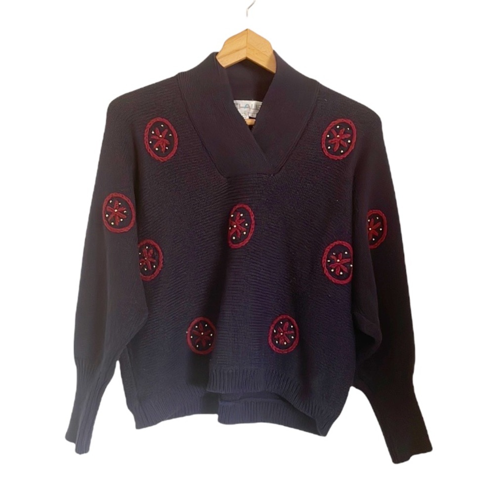 Vintage Womsns Chaus Studded Embroidered Blue Star Pullover Sweater size L